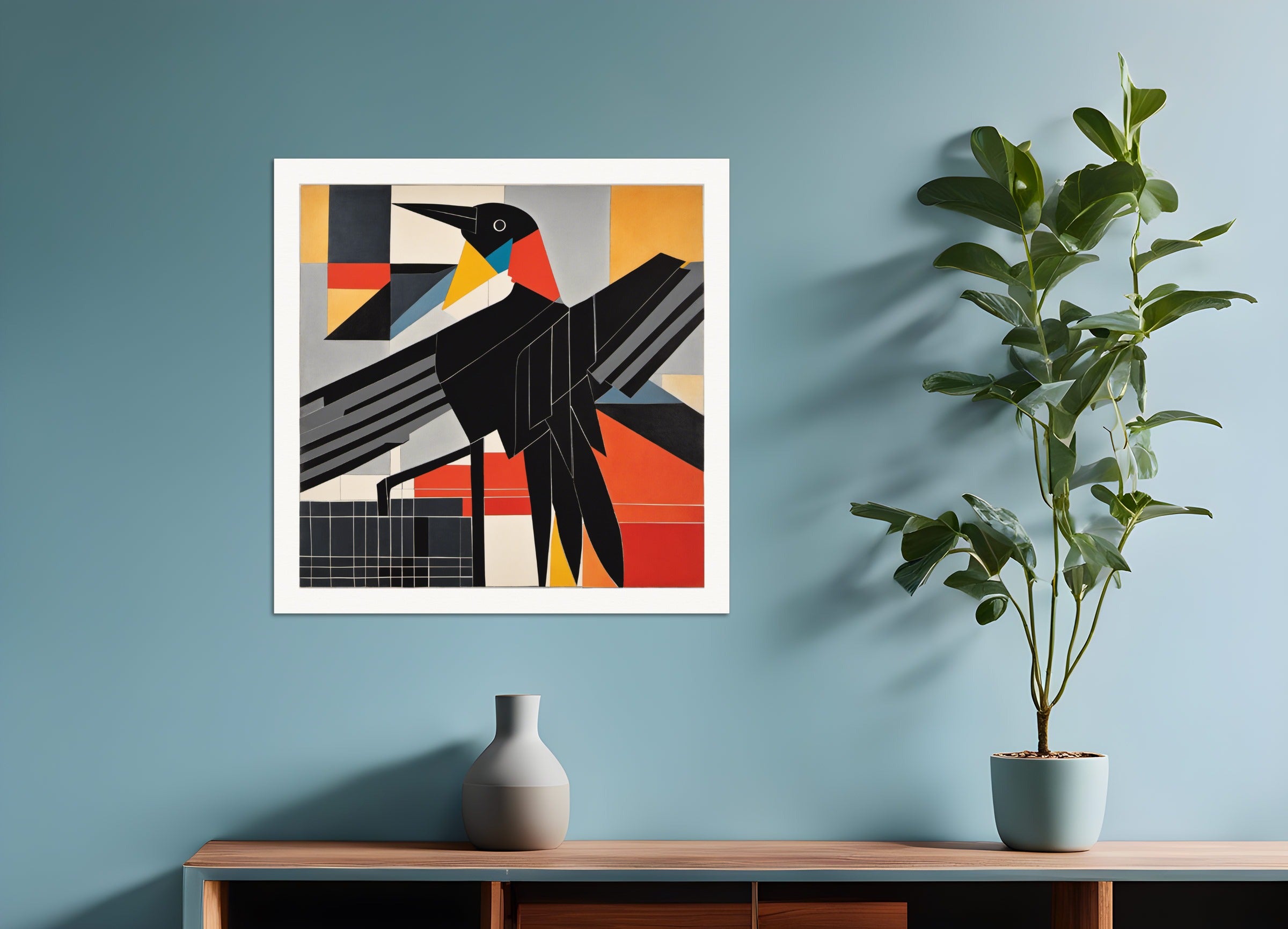 Poster: Lines and geometric figures with floating shapes, playful abstract art,