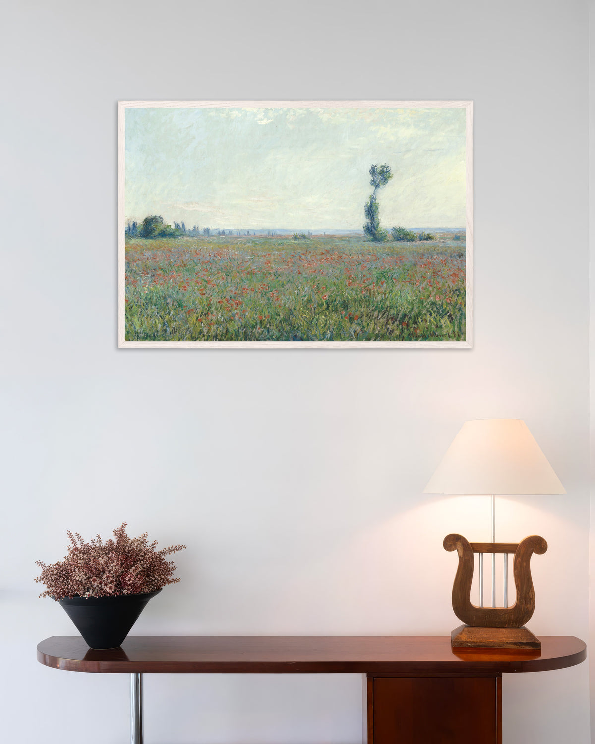 Poster of Field of Poppies by Claude Monet, with white wooden frame
