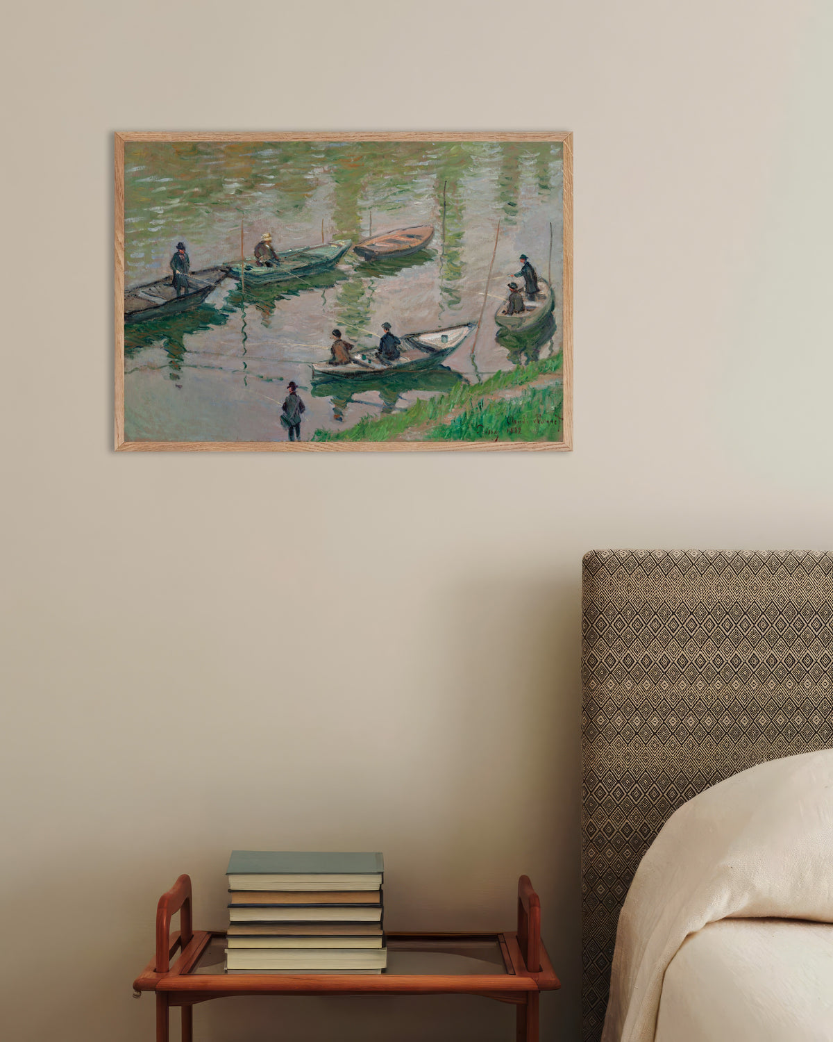 Poster of Fishermen on the Seine at Poissy (1882) by Claude Monet, with natural wooden frame