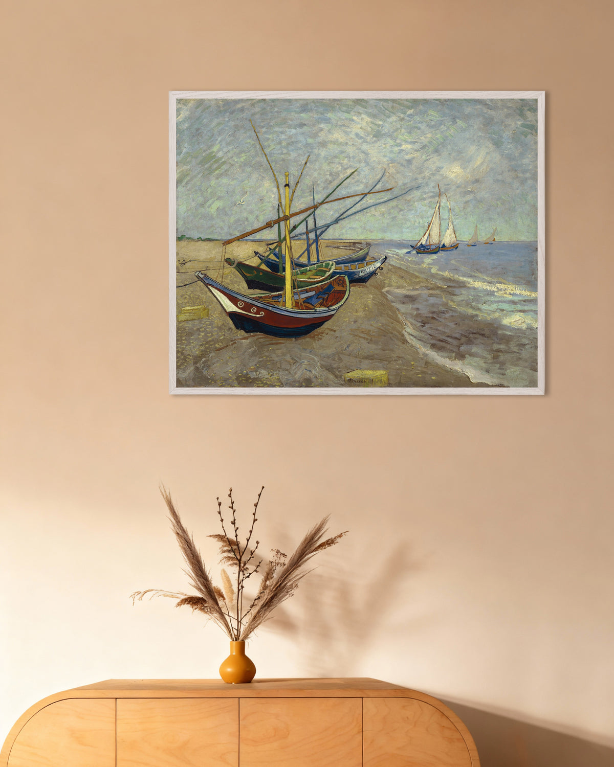Poster of Fishing Boats on the Beach at Les Saintes-Maries-de-la-Mer (1888) by Vincent van Gogh, with white wooden frame