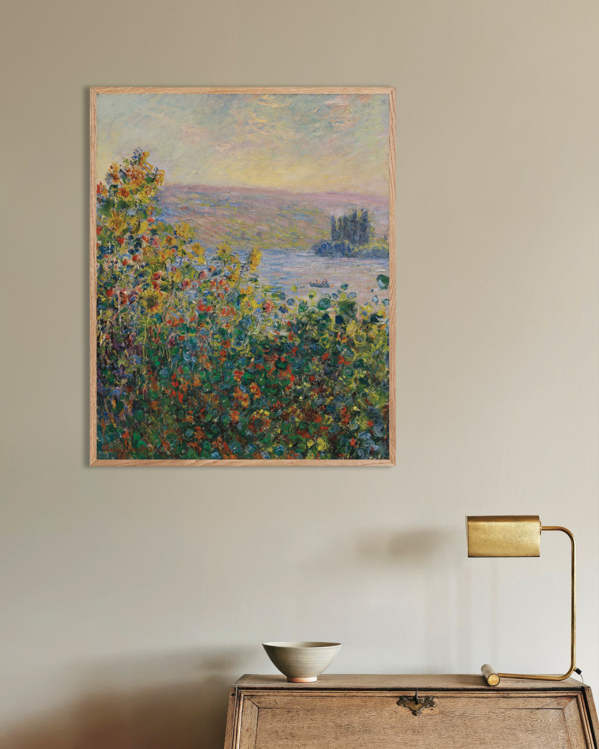 Poster of Flower Beds at Vétheuil (1881) by Claude Monet, with natural wooden frame