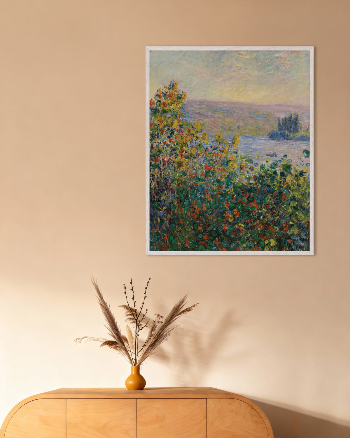 Poster of Flower Beds at Vétheuil (1881) by Claude Monet, with white wooden frame