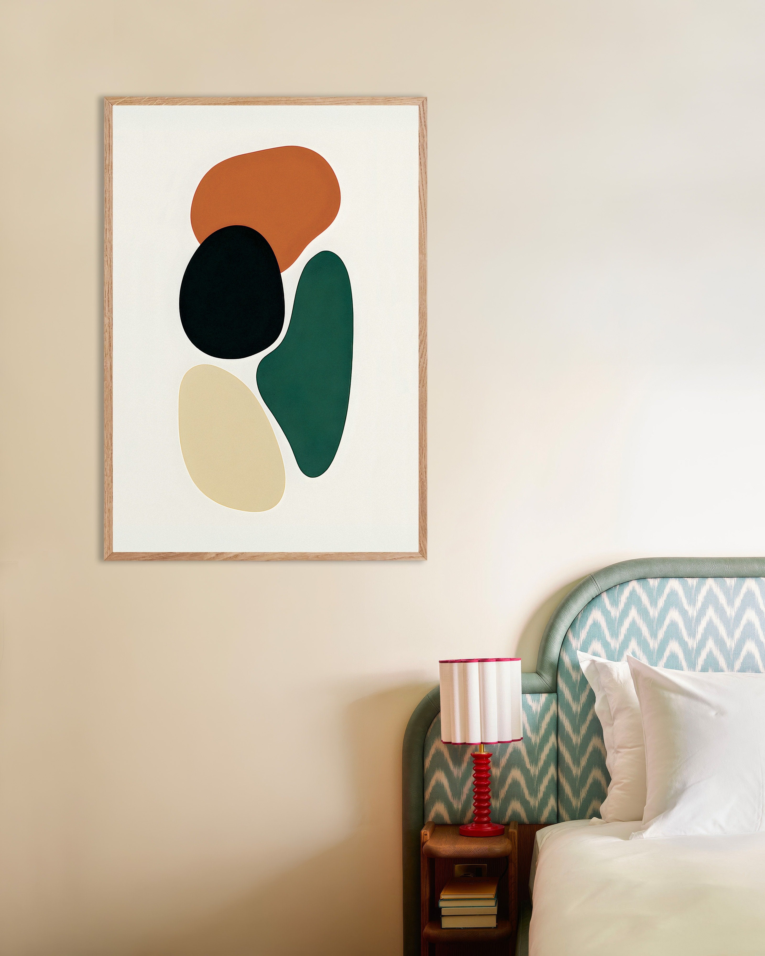 Poster of Four Organic Shapes – Minimalist Abstract Art Print, with natural wooden frame