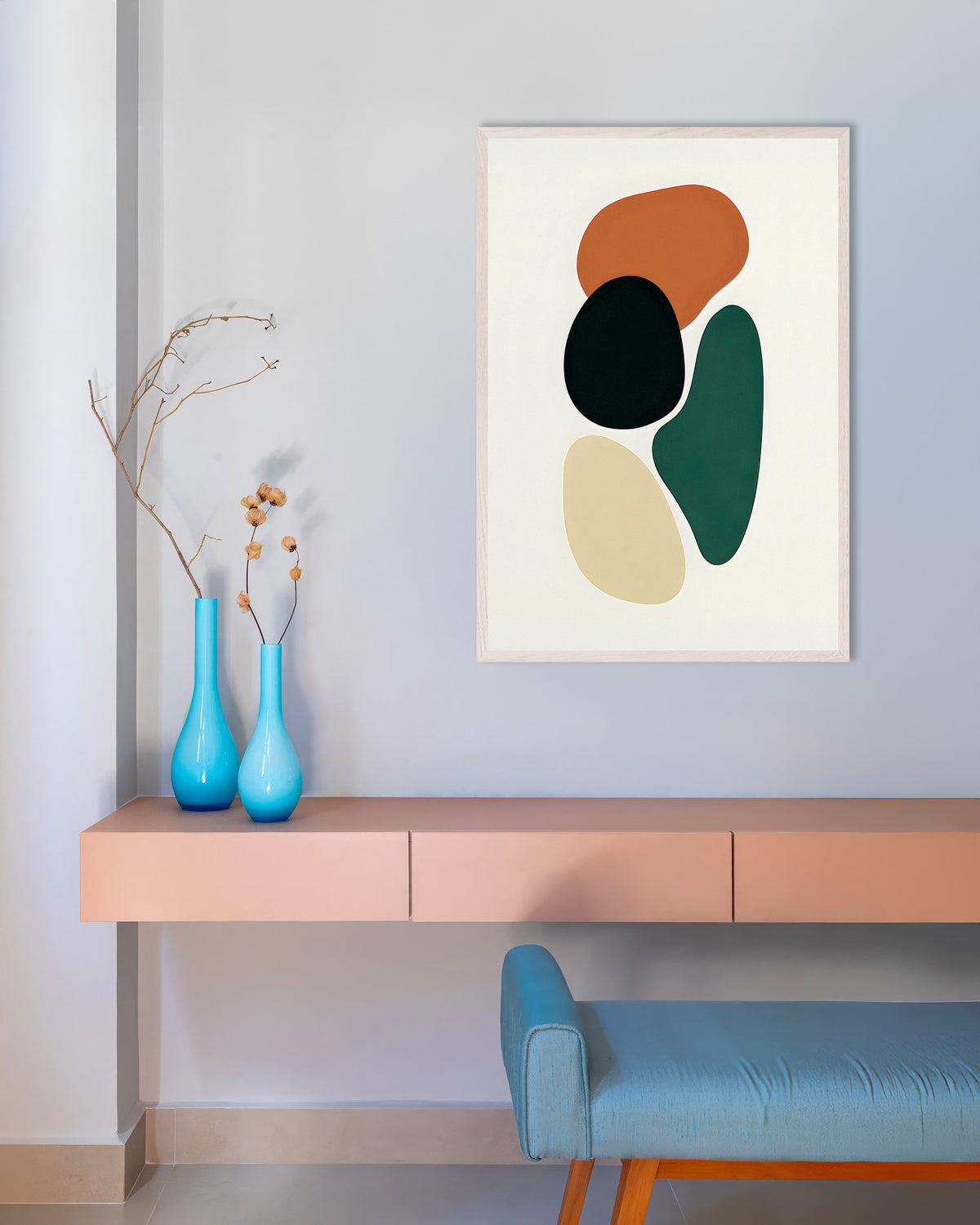 Poster of Four Organic Shapes – Minimalist Abstract Art Print, with white wooden frame