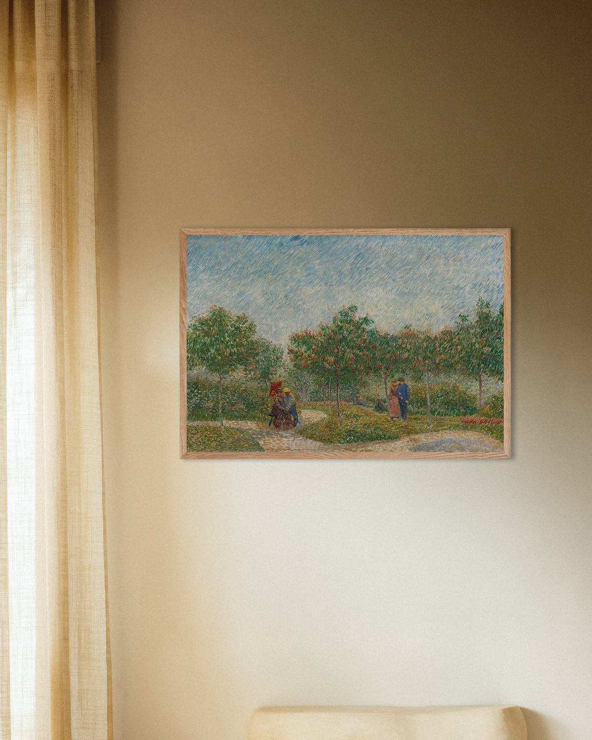 Poster of Garden with Courting Couples, Square Saint-Pierre (1887) by Vincent van Gogh, with natural wooden frame