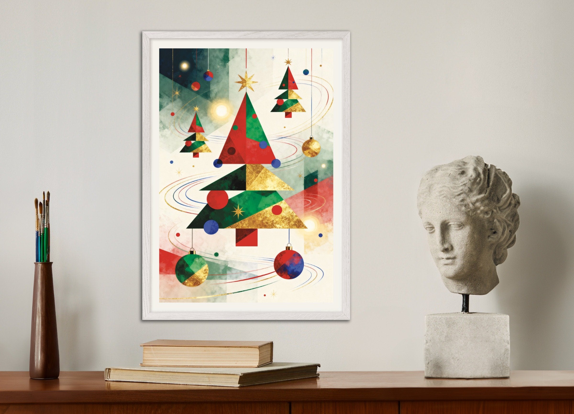 Poster of Geometric Christmas trees poster, with white wooden frame