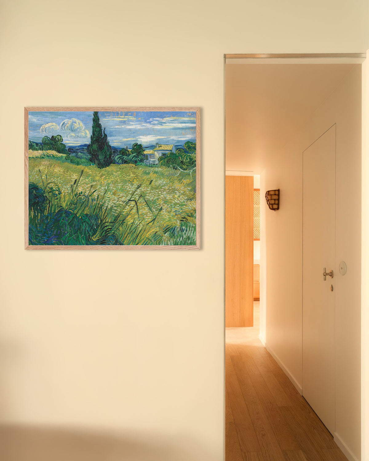 Poster of Green Wheat Field with Cypress (1889) by Vincent van Gogh, with natural wooden frame