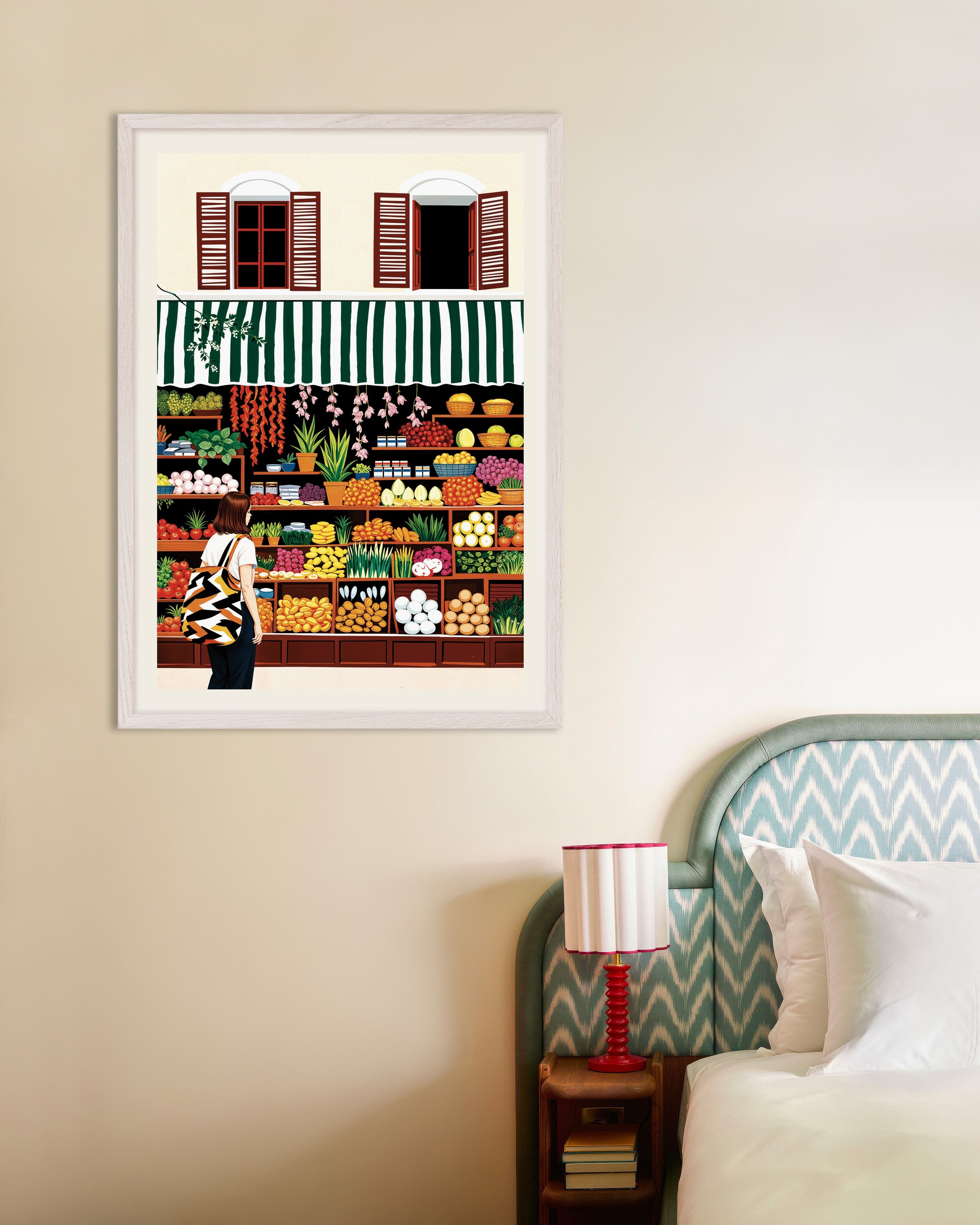 Poster of Groceries, fruits, vegetables and flowers - Poster, with white wooden frame