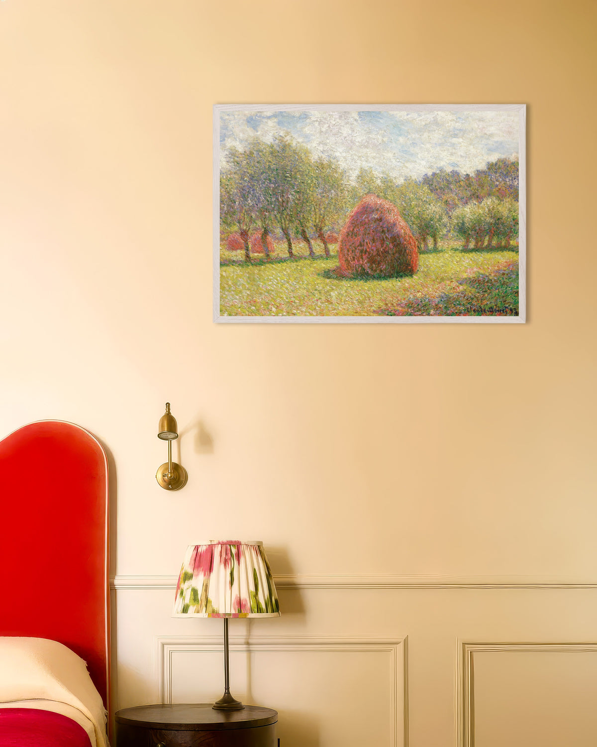 Poster of Haystacks at Giverny (1893) by Claude Monet, with white wooden frame