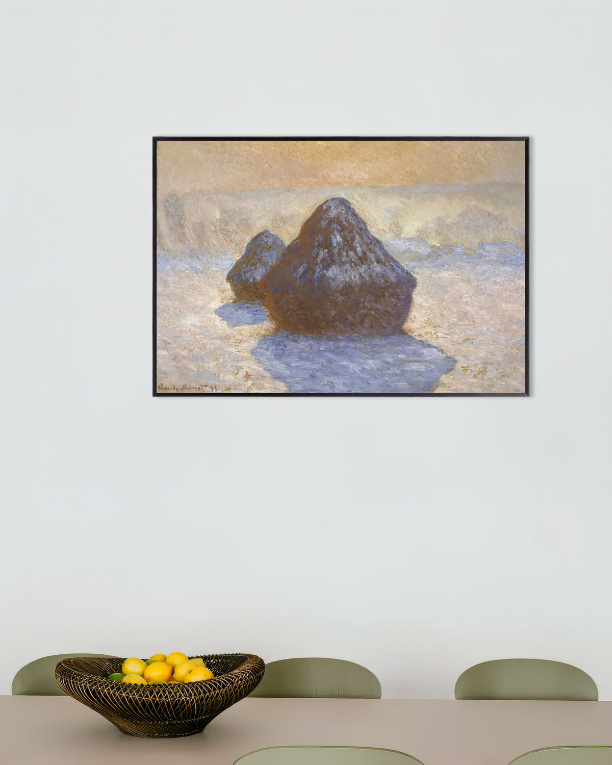 Poster of Haystacks, Snow Effect (1891) by Claude Monet, with metal frame