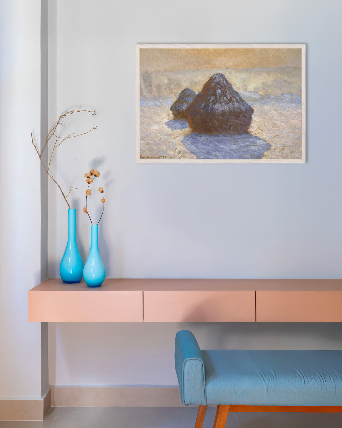 Poster of Haystacks, Snow Effect (1891) by Claude Monet, with white wooden frame