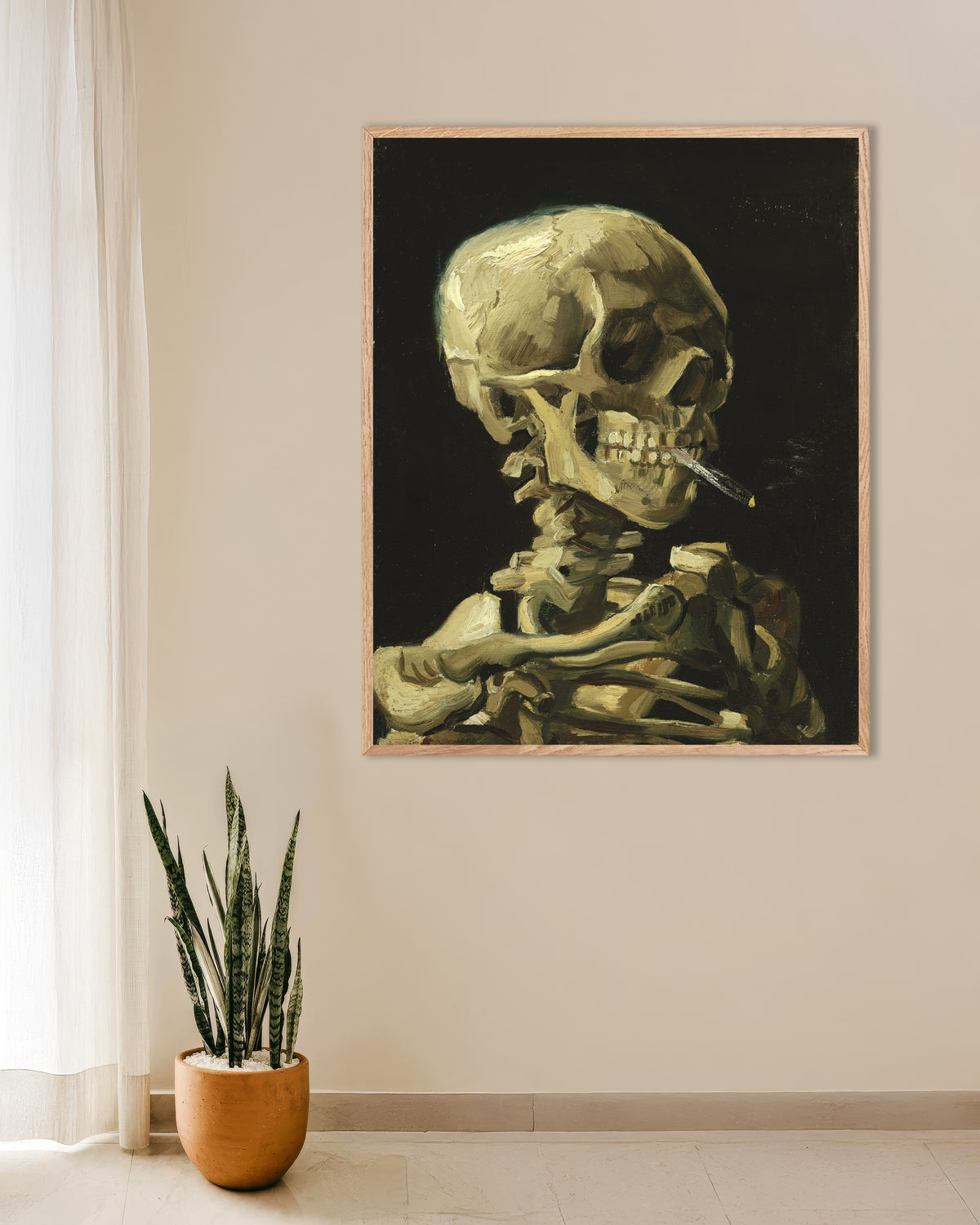Poster of Head of a Skeleton with a Burning Cigarette (1886) by Vincent van Gogh, with natural wooden frame