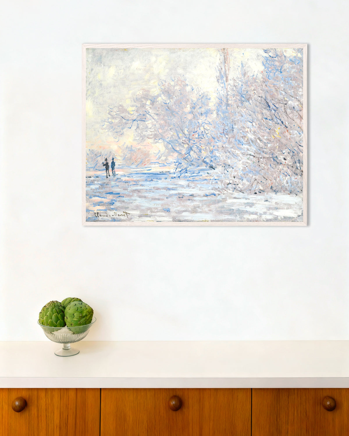 Poster of Hoarfrost at Giverny (1885) by Claude Monet, with white wooden frame
