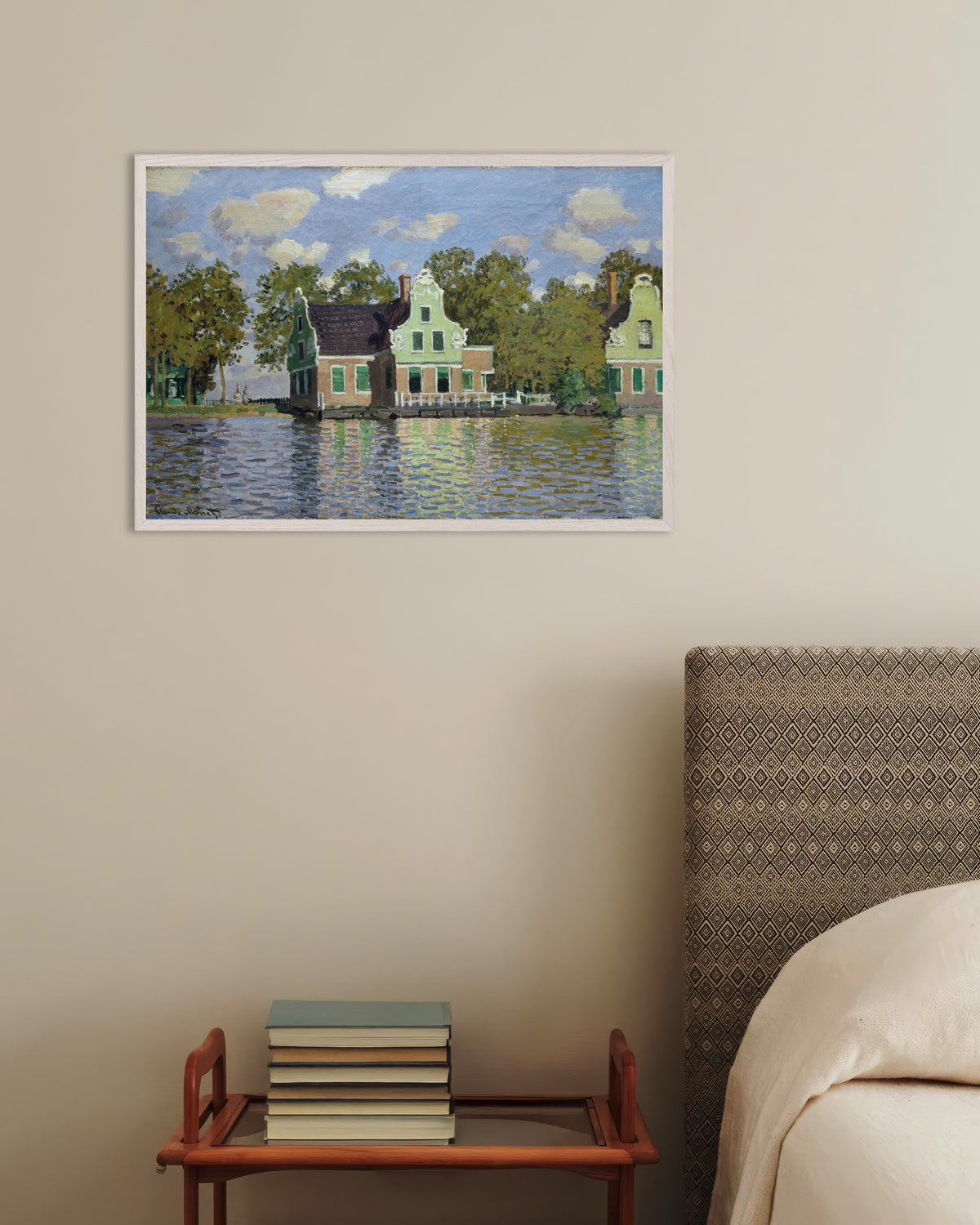 Poster of Houses by the Bank of the River Zaan (1871) by Claude Monet, with white wooden frame