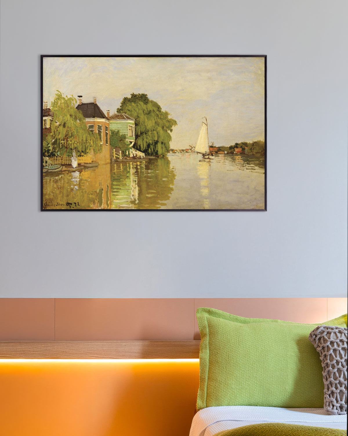 Poster of Houses on the Achterzaan (1871) by Claude Monet, with metal frame