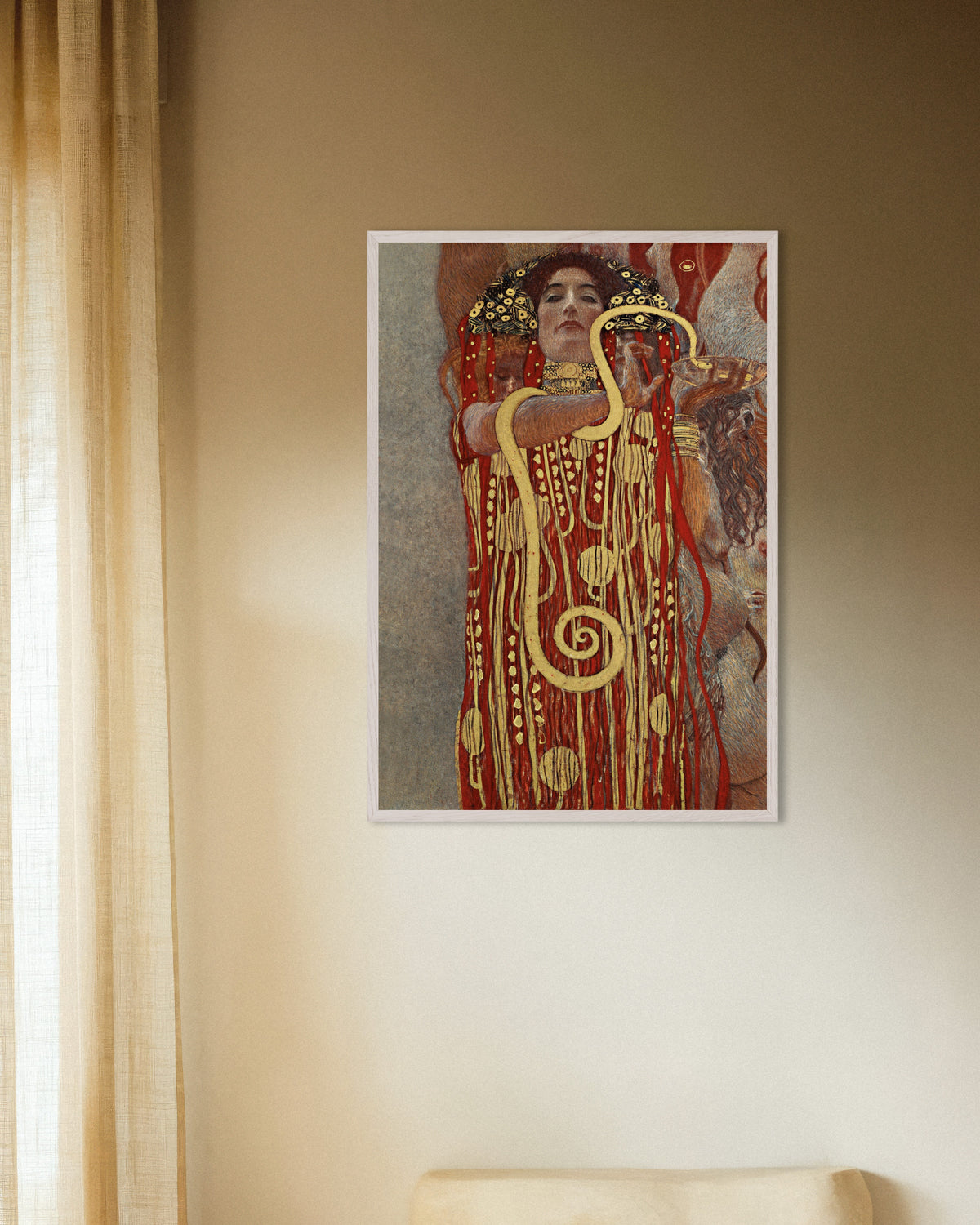 Poster of Hygieia, Detail of Medicine (1907) by Gustav Klimt, with white wooden frame