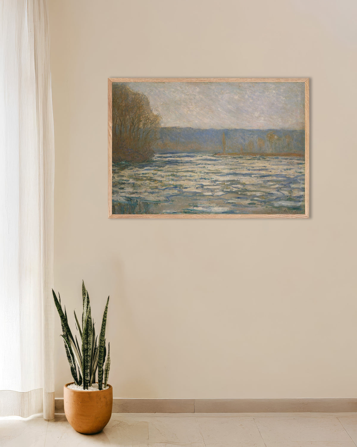 Poster of Ice Breaking Up on the Seine near Bennecourt (1893) by Claude Monet, with natural wooden frame