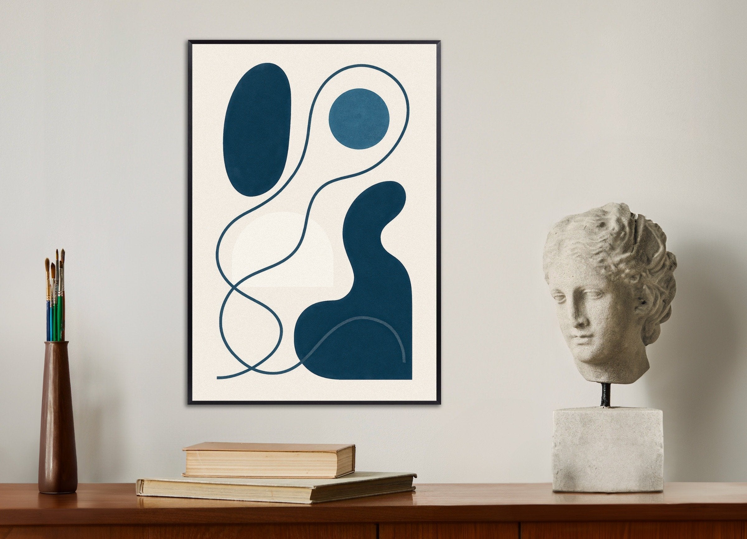 Poster of Inflections 01 – modern abstract line art in blue, with metal frame