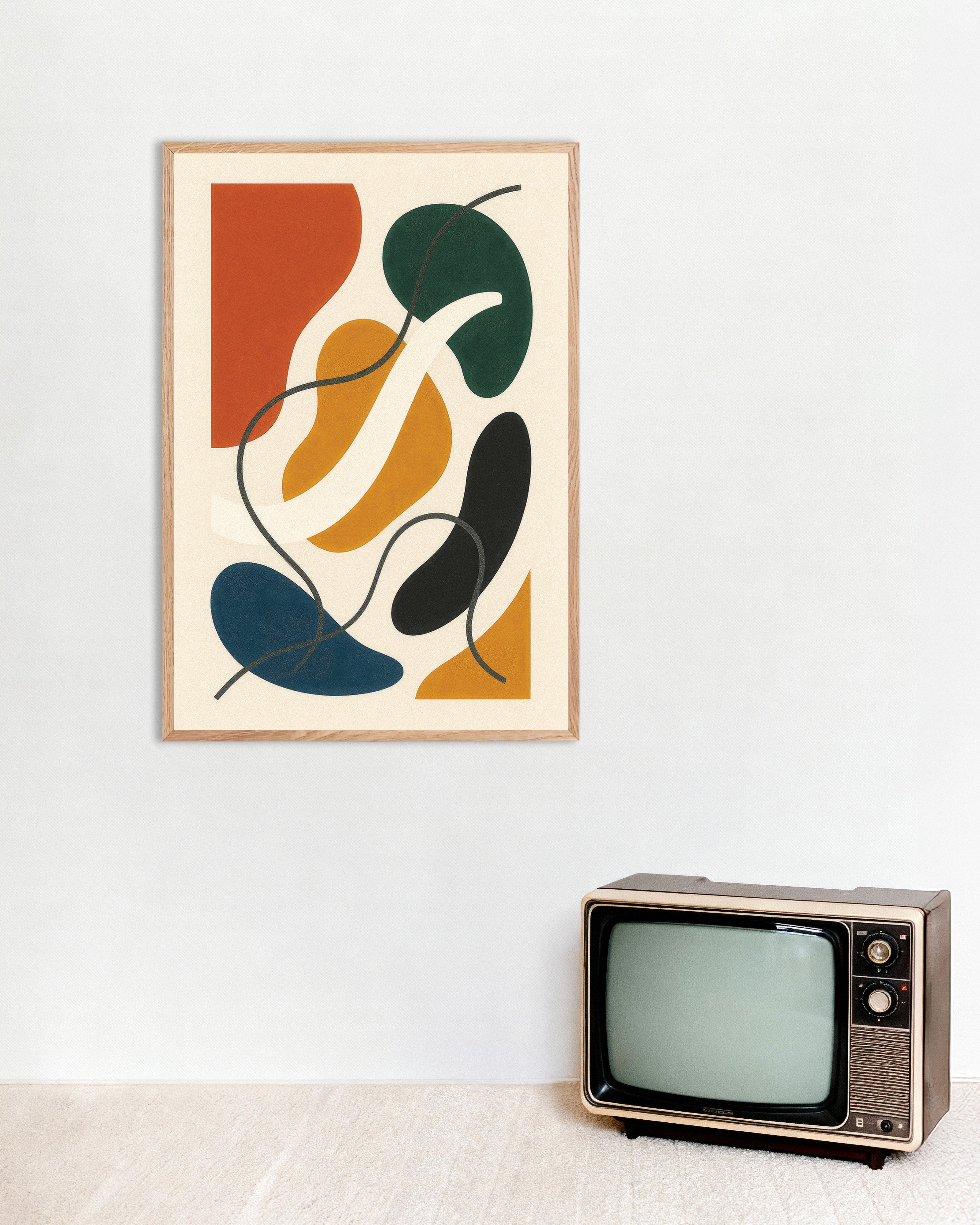 Poster of Inflections 02 – colorful abstract poster with organic shapes, with natural wooden frame