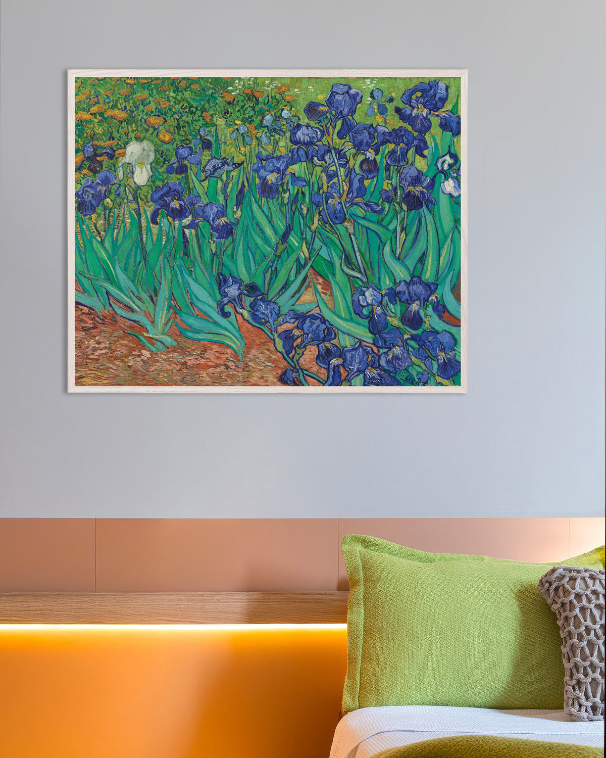 Poster of Irises (1889) by Vincent van Gogh, with white wooden frame