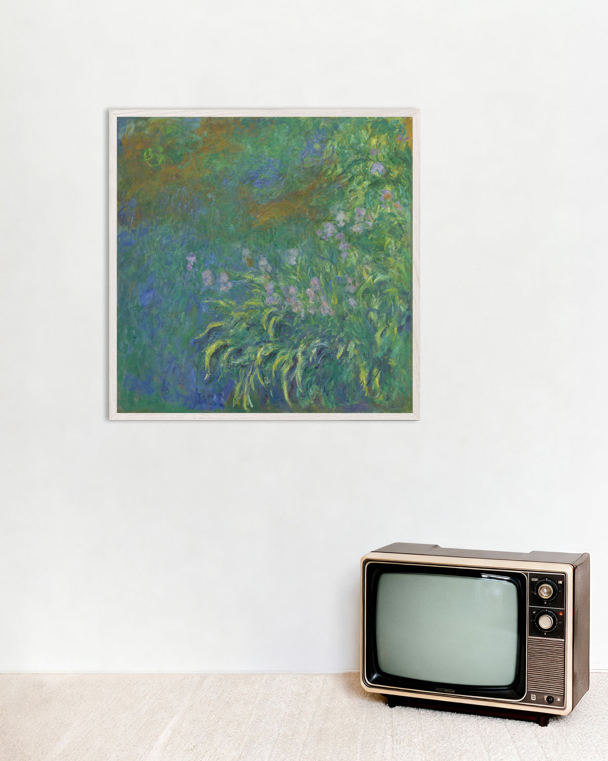 Poster of Irises (1914–1917) by Claude Monet, with white wooden frame