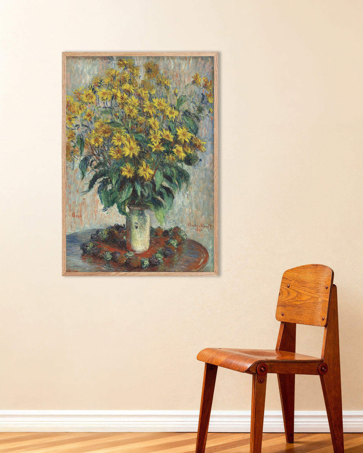 Poster of Jerusalem Artichoke Flowers (1880) by Claude Monet, with natural wooden frame