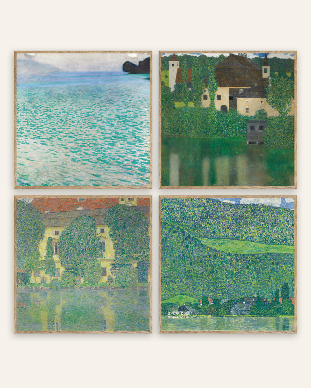 Klimt Attersee Prints Set of 4 – Lake, Water Castle, Schloss Kammer & Litzlberg, prints in natural oak frames