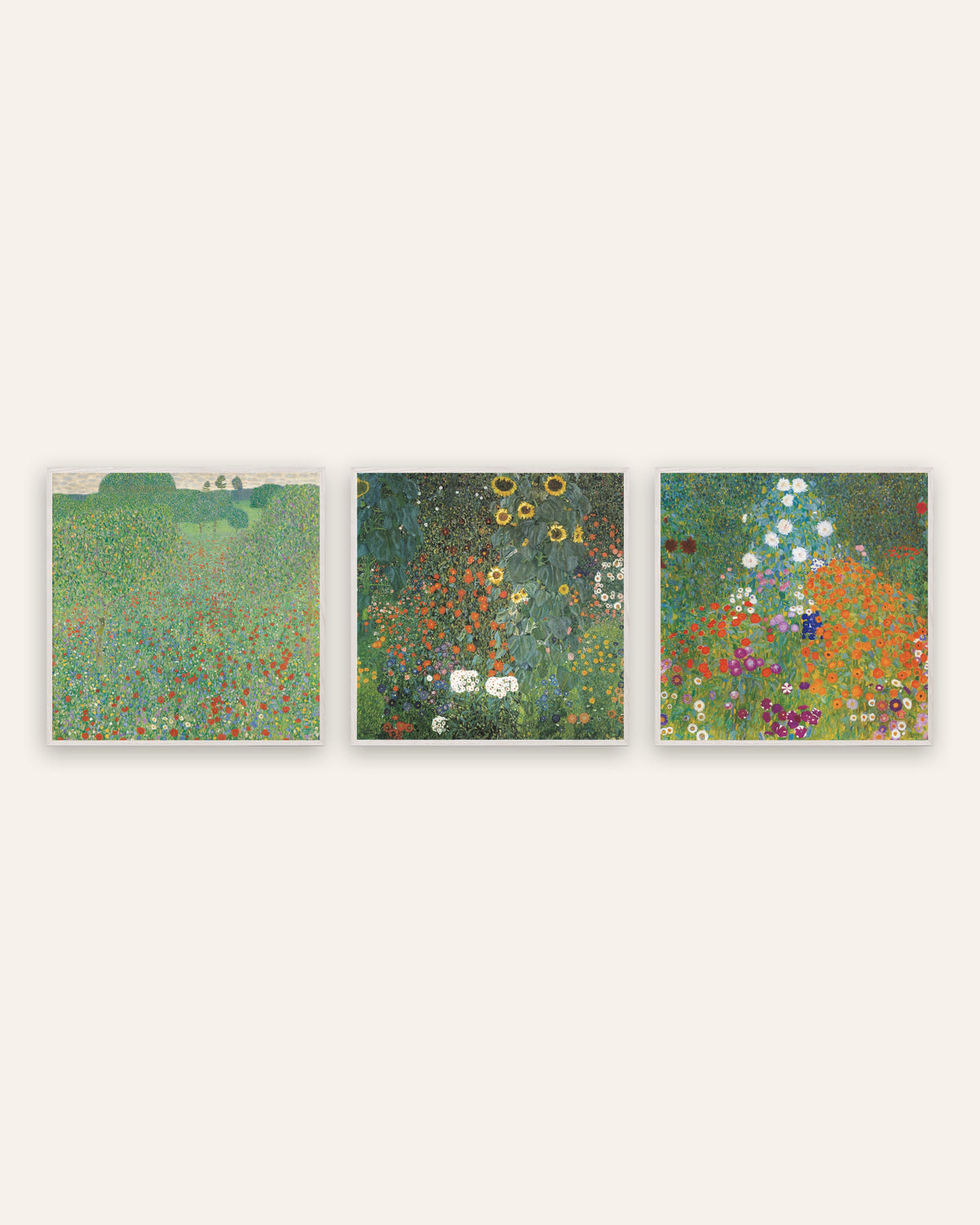 Klimt Garden Prints Set of 3 – Poppy Field, Sunflowers & Cottage Garden, prints in white oak frames