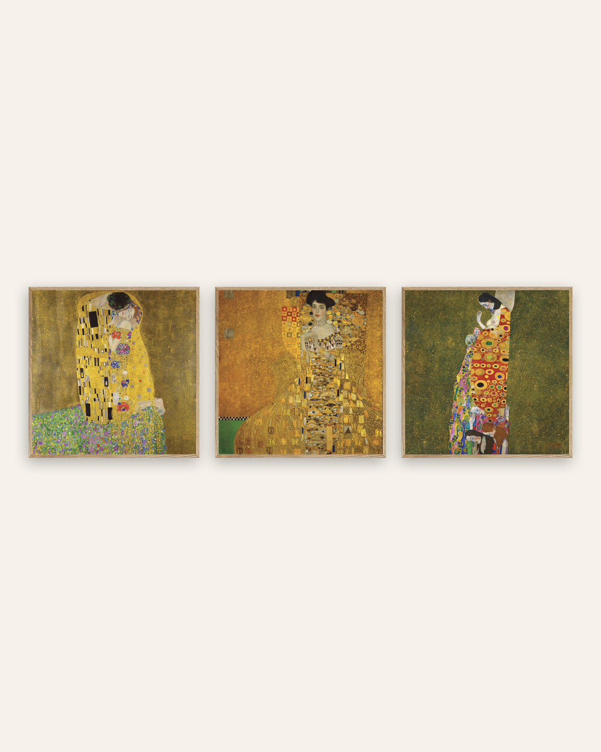 Klimt Prints Set of 3 – The Kiss, Adele Bloch-Bauer I & Hope II, prints in natural oak frames