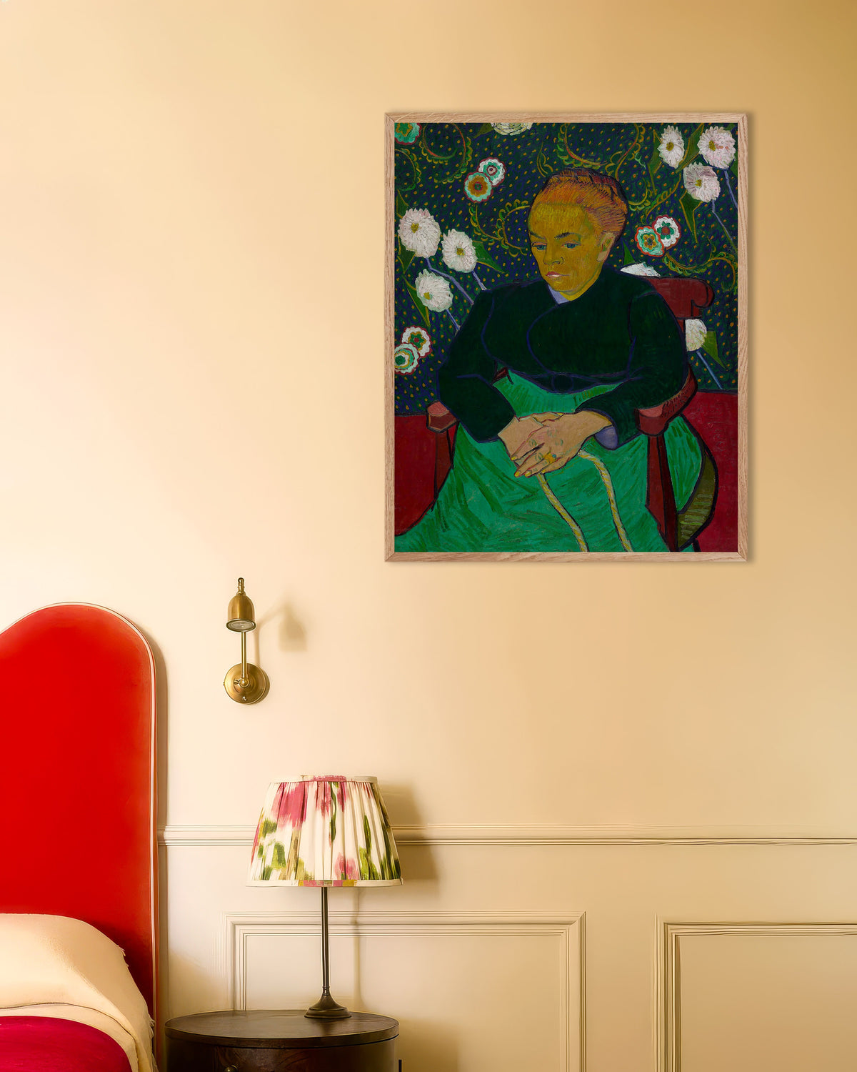 Poster of La Berceuse, Madame Roulin Rocking the Cradle (1889) by Vincent van Gogh, with natural wooden frame