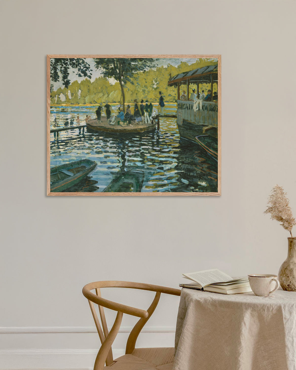 Poster of La Grenouillère (1869) by Claude Monet, with natural wooden frame