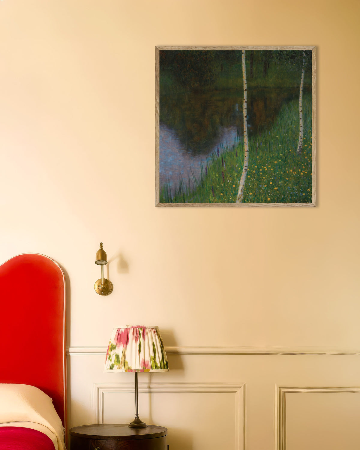 Poster of Lakeshore with Birches (ca. 1901) by Gustav Klimt, with natural wooden frame