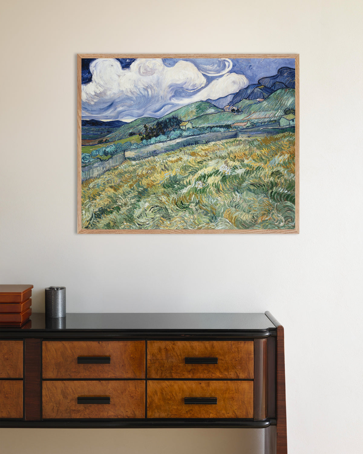Poster of Landscape from Saint-Rémy (1889) by Vincent van Gogh, with natural wooden frame