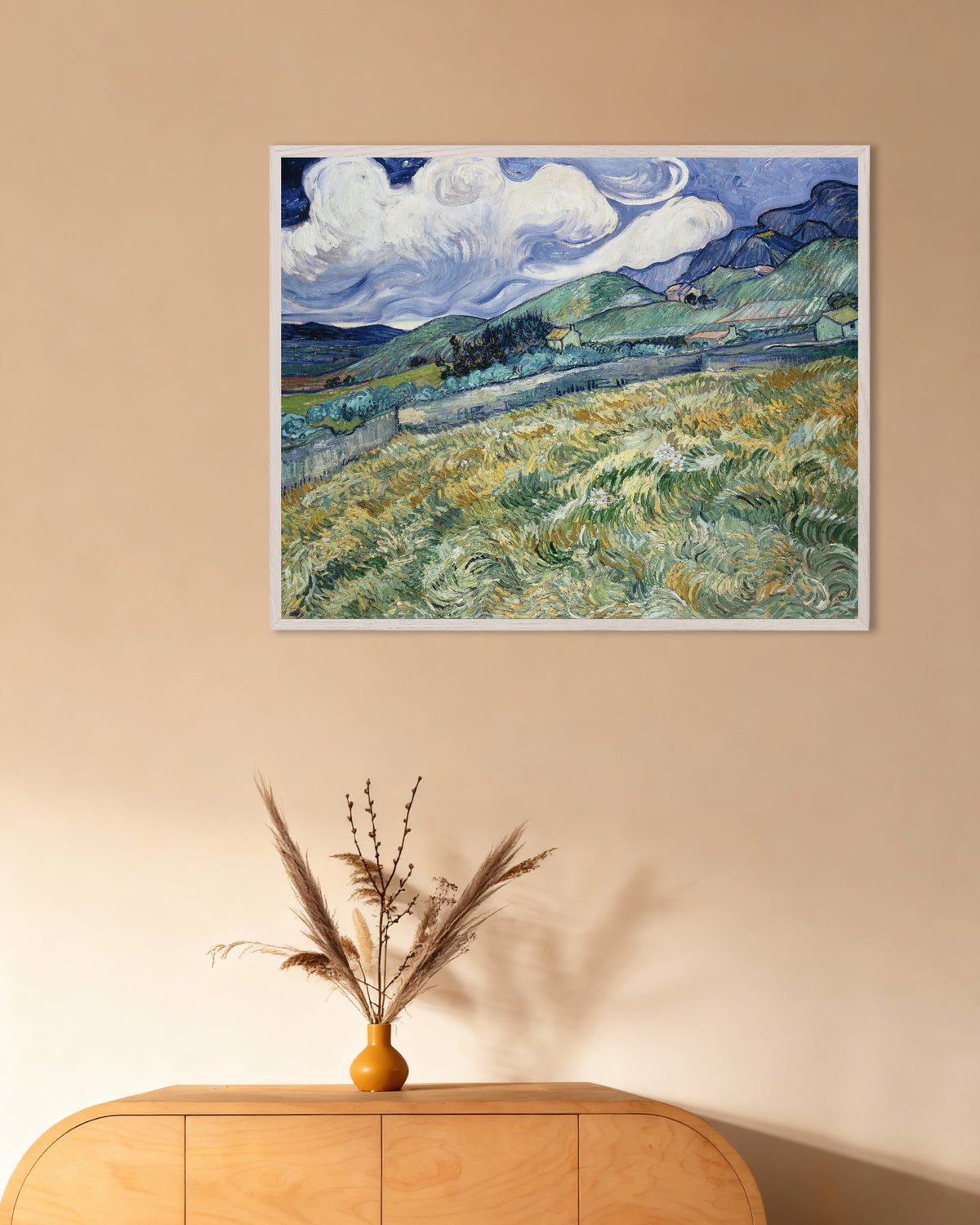 Poster of Landscape from Saint-Rémy (1889) by Vincent van Gogh, with white wooden frame