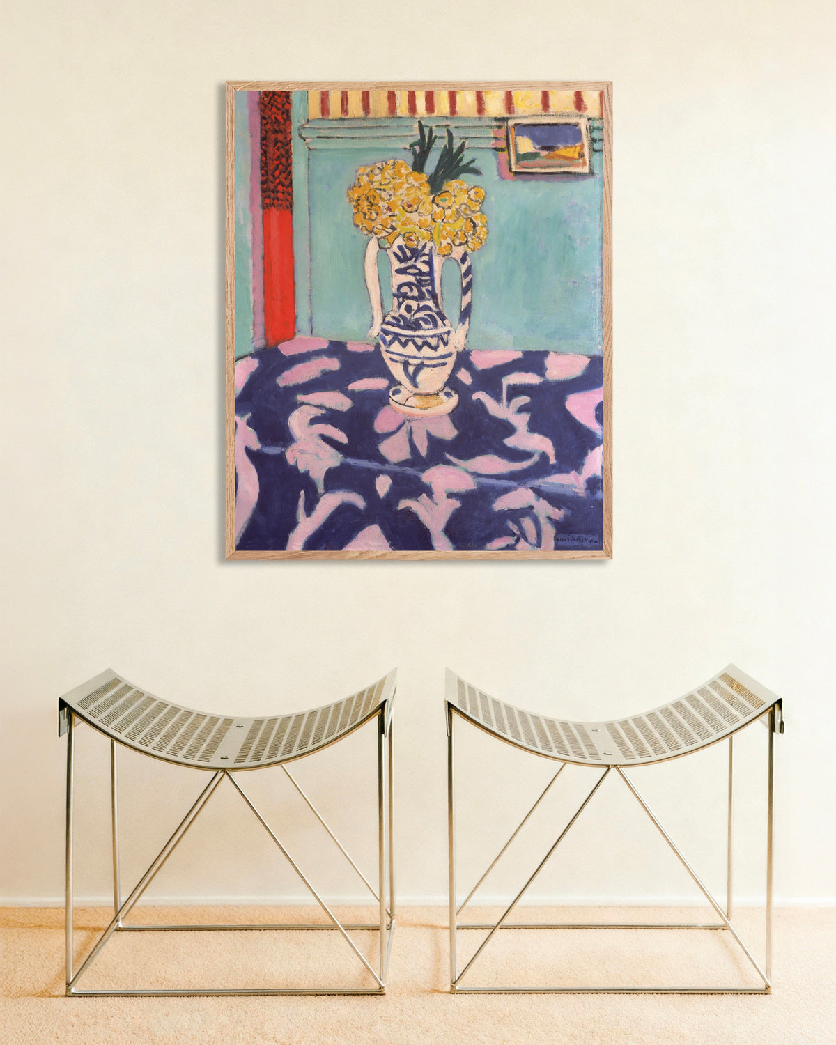 Poster of Les coucous, tapis bleu et rose (1911) by Henri Matisse - Poster, with natural wooden frame