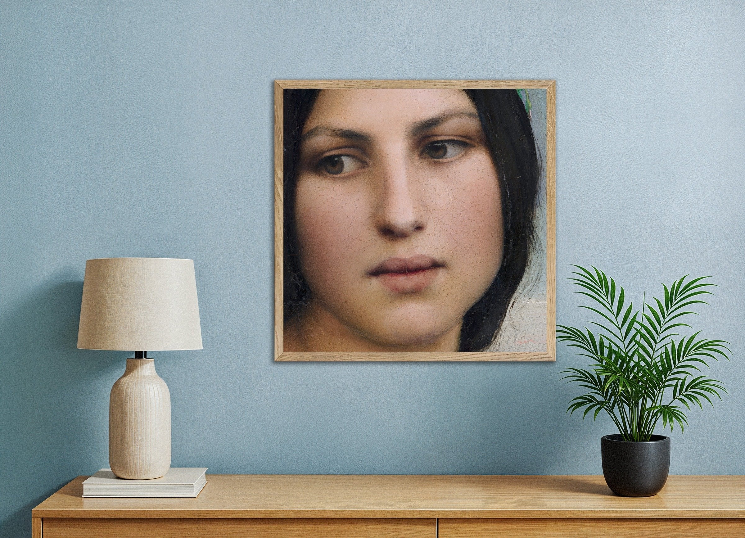 Poster of Louis Janmot "Fleur des Champs" Portrait Detail, with natural wooden frame