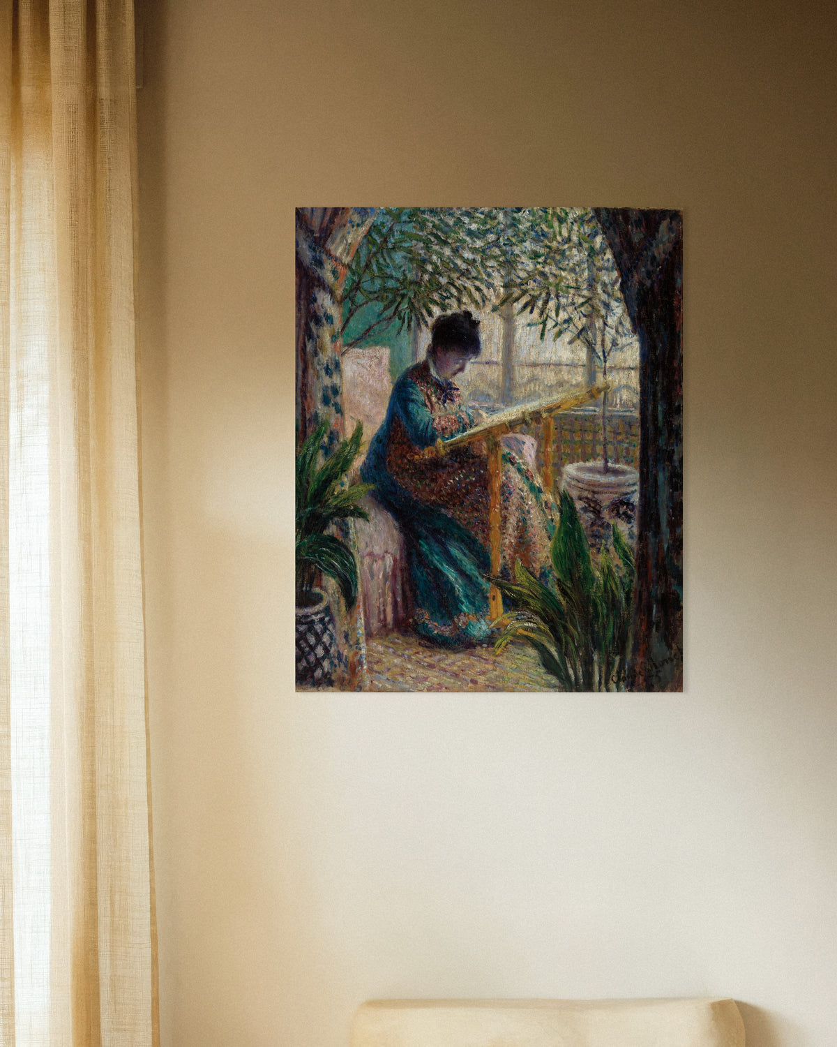 Poster of Madame Monet Embroidering (1875) by Claude Monet