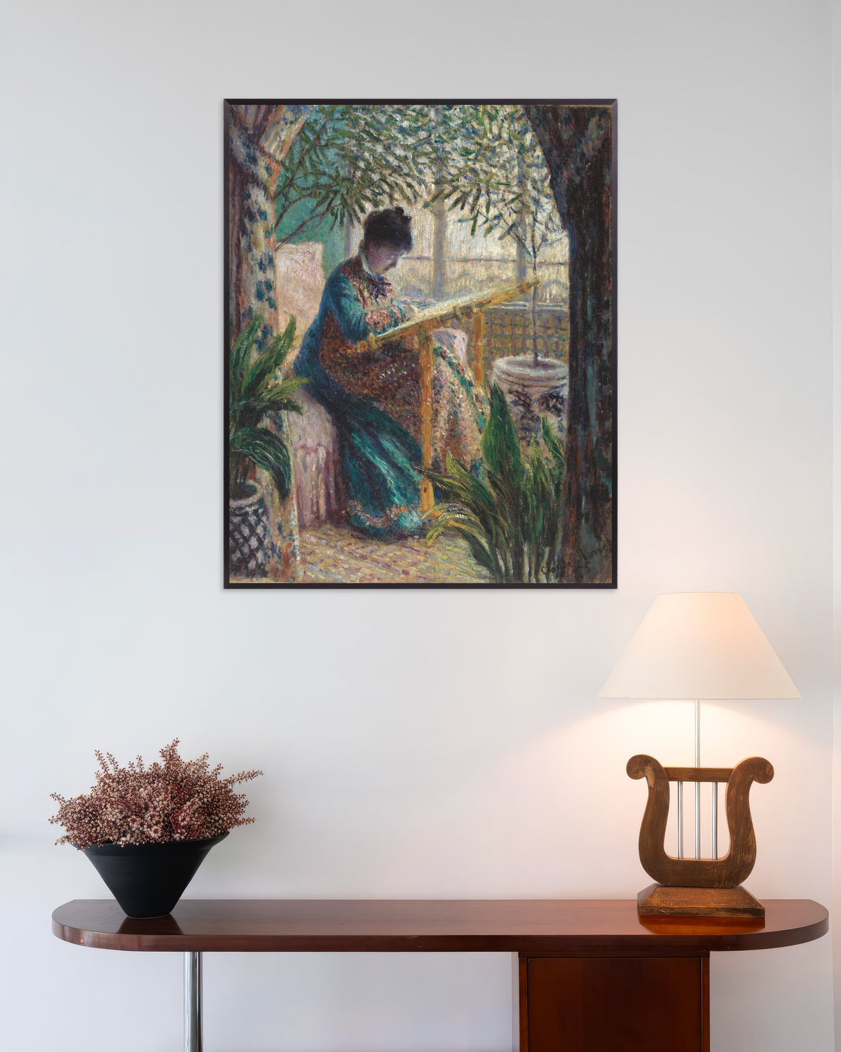 Poster of Madame Monet Embroidering (1875) by Claude Monet, with metal frame