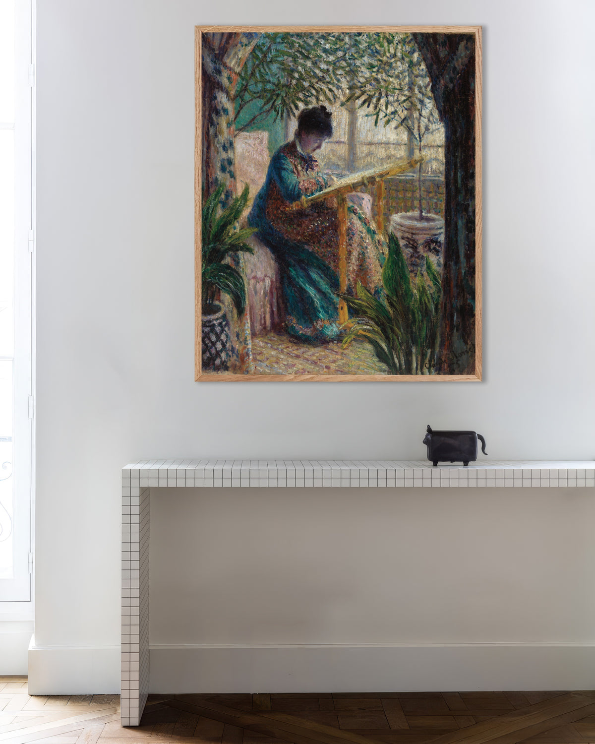 Poster of Madame Monet Embroidering (1875) by Claude Monet, with natural wooden frame