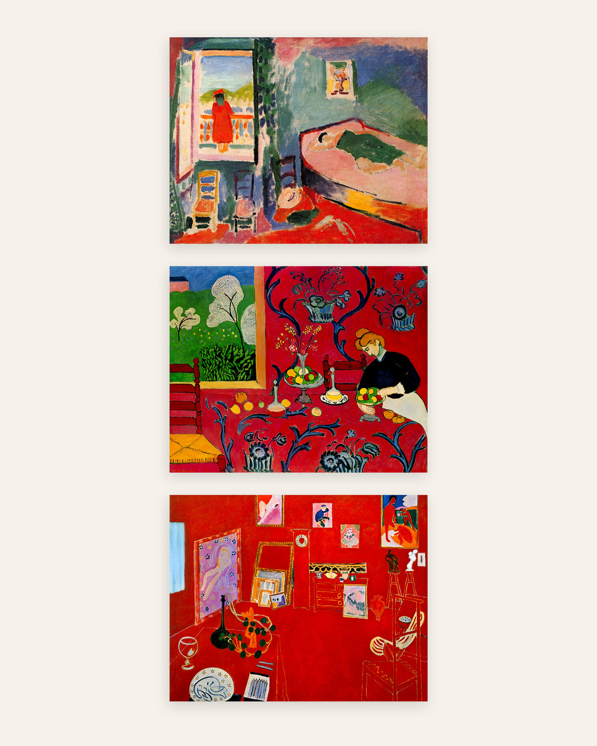 Matisse Interior Prints Set of 3 – Collioure, Harmony in Red & The Red Studio, prints without frame