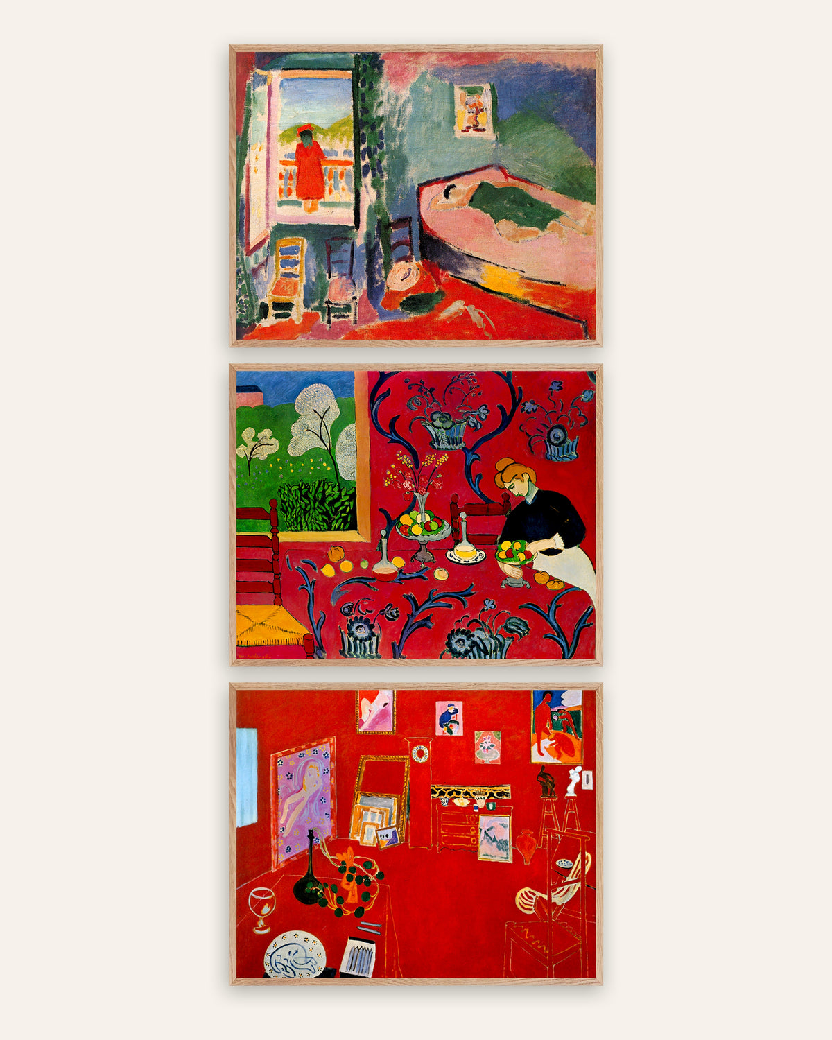Matisse Interior Prints Set of 3 – Collioure, Harmony in Red & The Red Studio, prints in natural oak frames