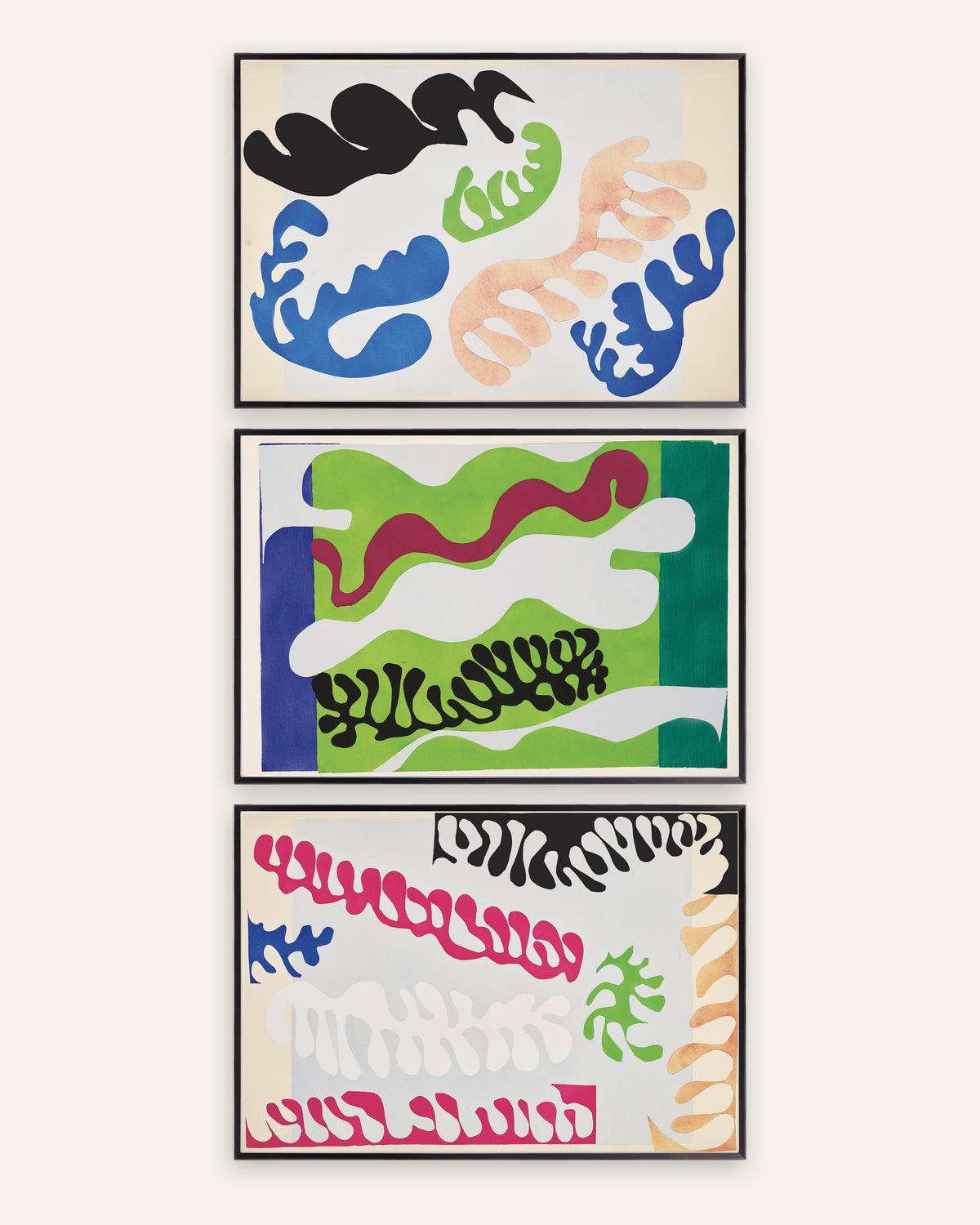 Matisse Jazz Prints Set of 3 – The Lagoon in Blue, Green and Pink, prints in black metal frames