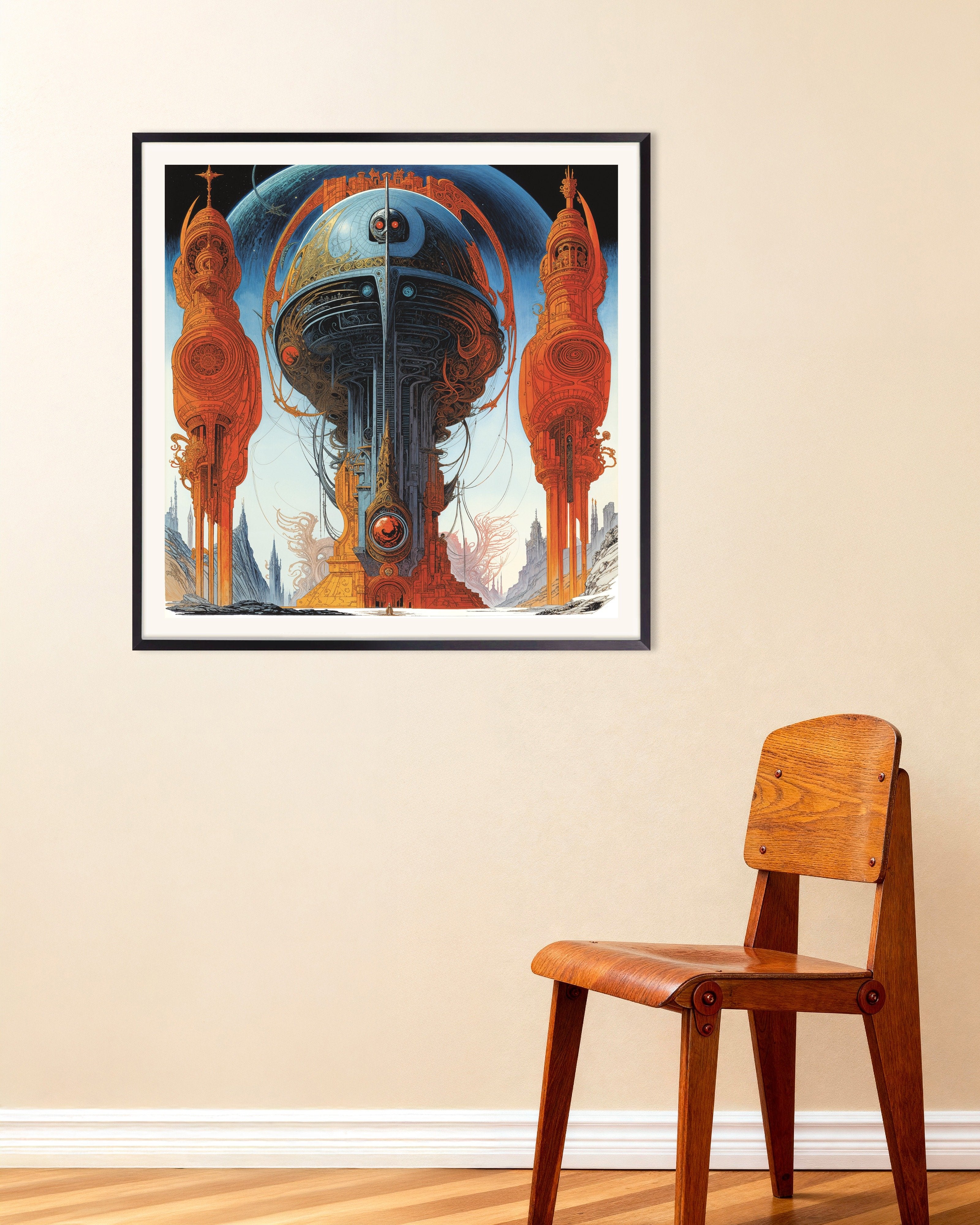 Poster of Mega Caryatids Sci‑Fi Architecture Art Print, with metal frame