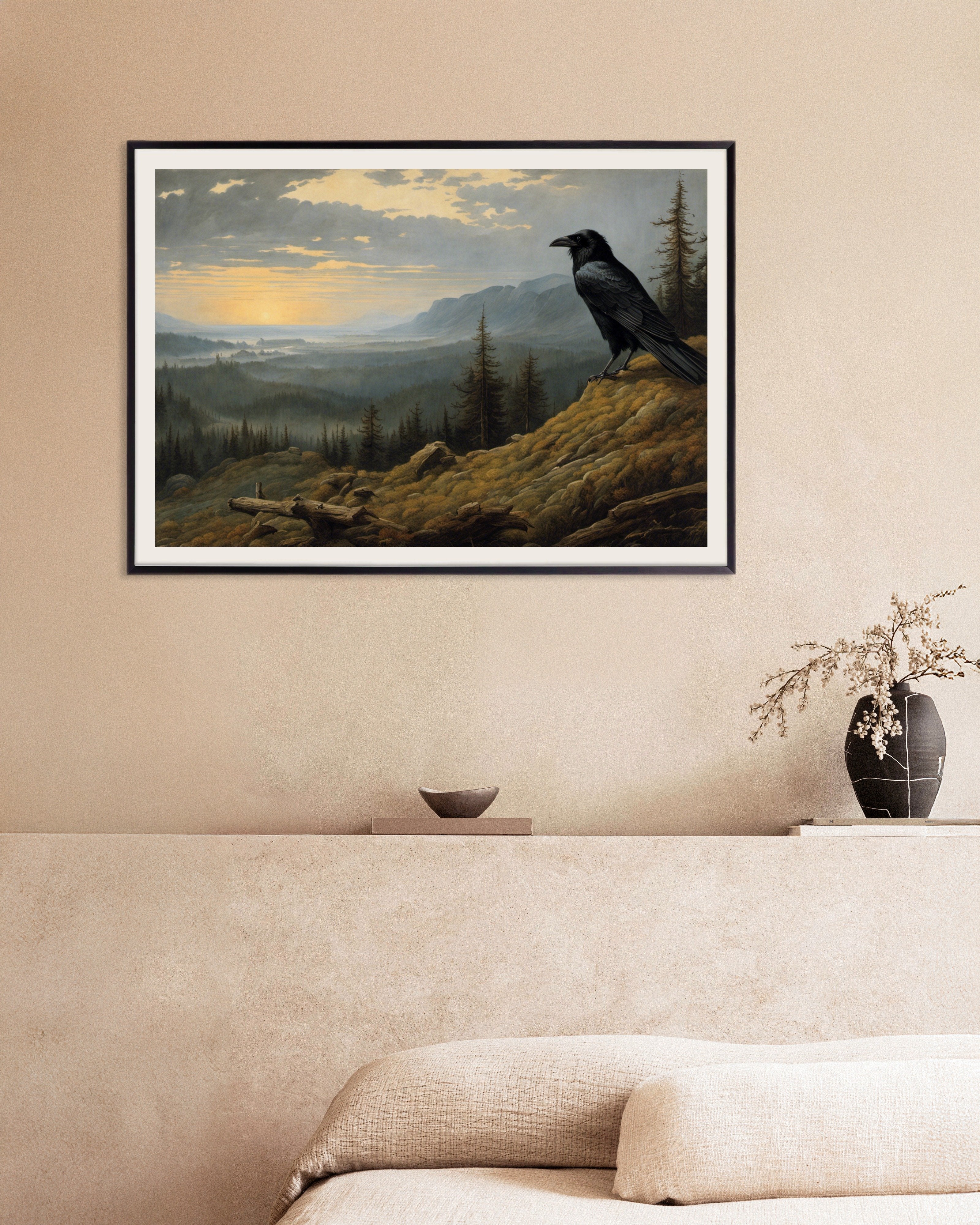Poster of Mesmerizing landscapes invoking spiritual introspection, a crow - Poster, with metal frame