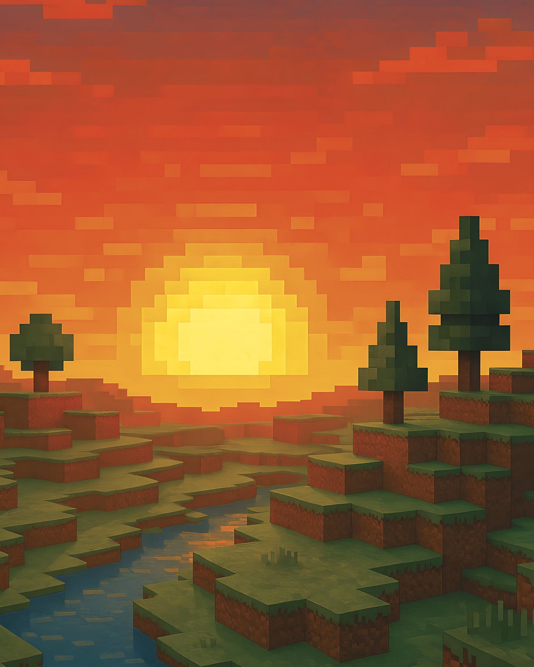 Minecraft Sunset – pixel art fan print featuring a river winding through native trees