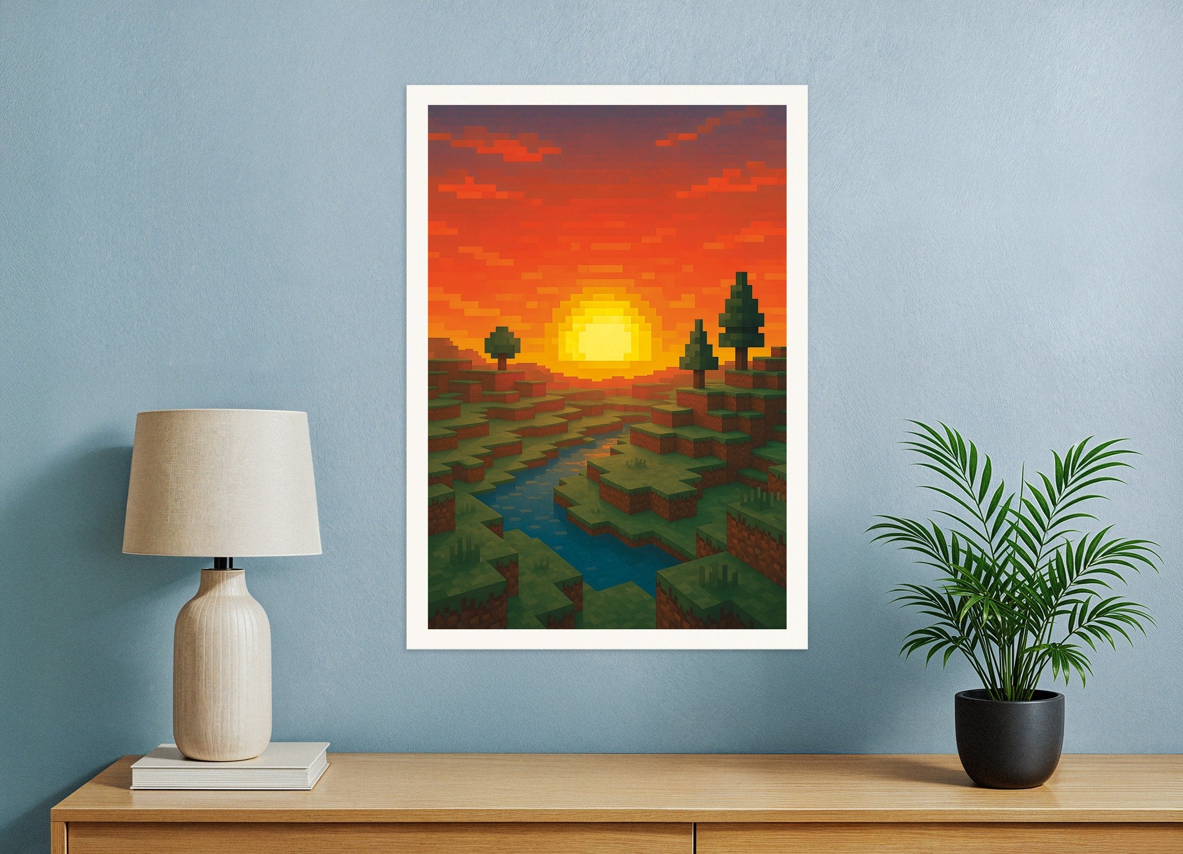 Poster of Minecraft Sunset – pixel art fan poster with river and trees