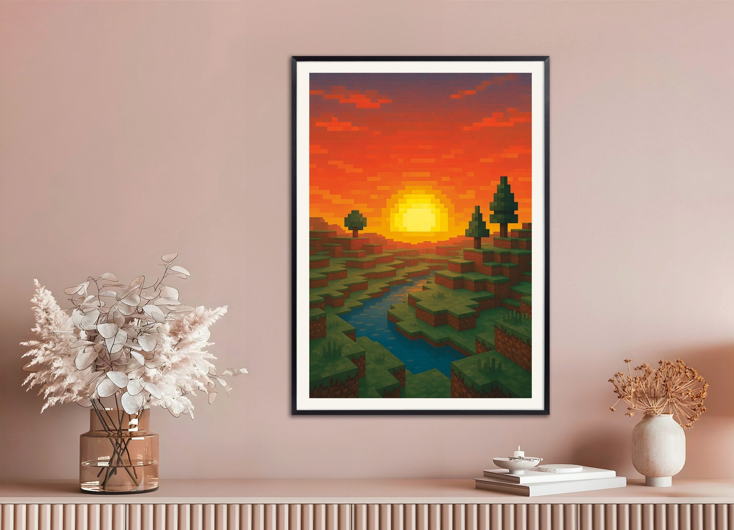 Poster of Minecraft Sunset – pixel art fan poster with river and trees, with metal frame