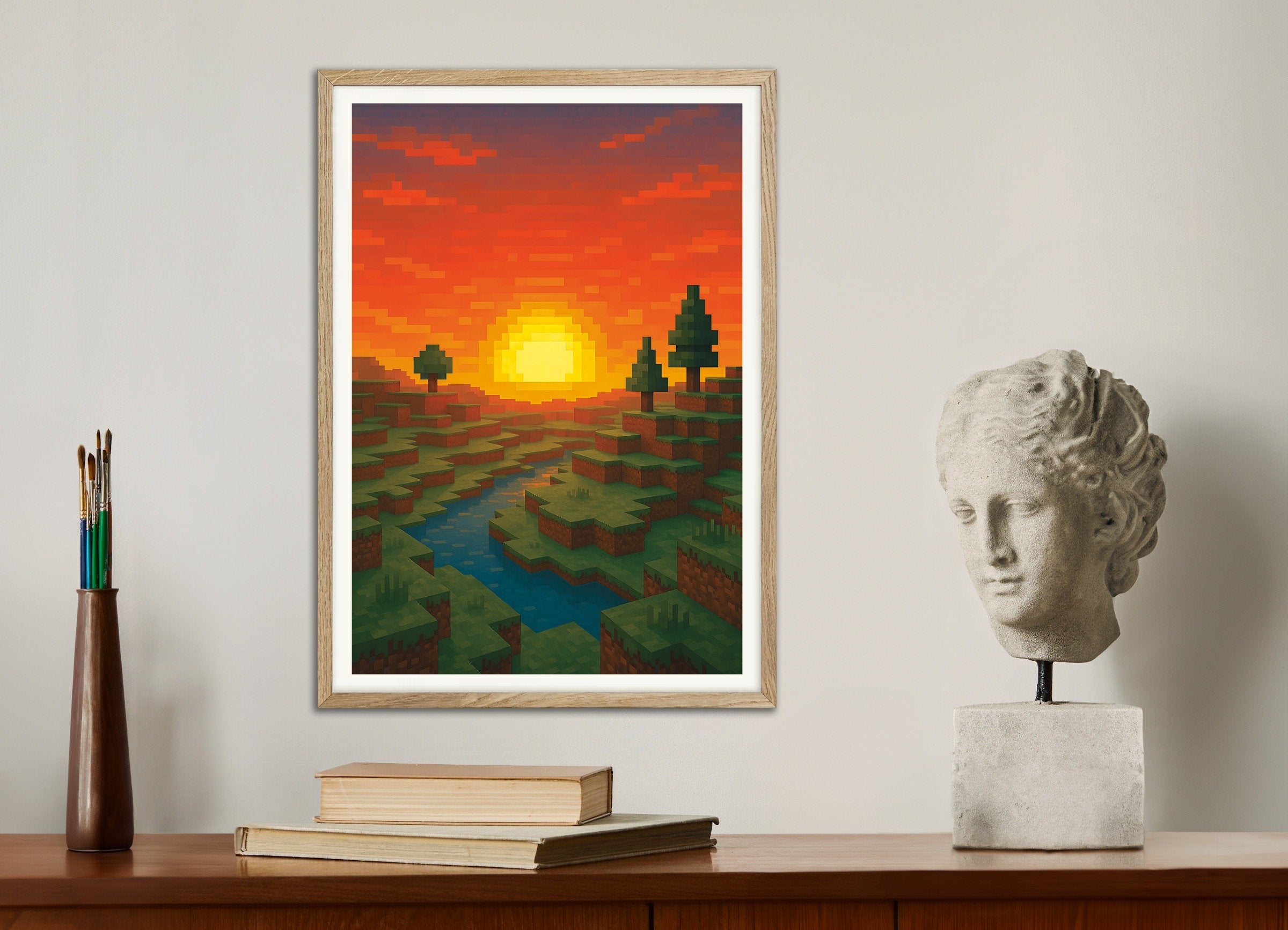 Poster of Minecraft Sunset – pixel art fan poster with river and trees, with natural wooden frame