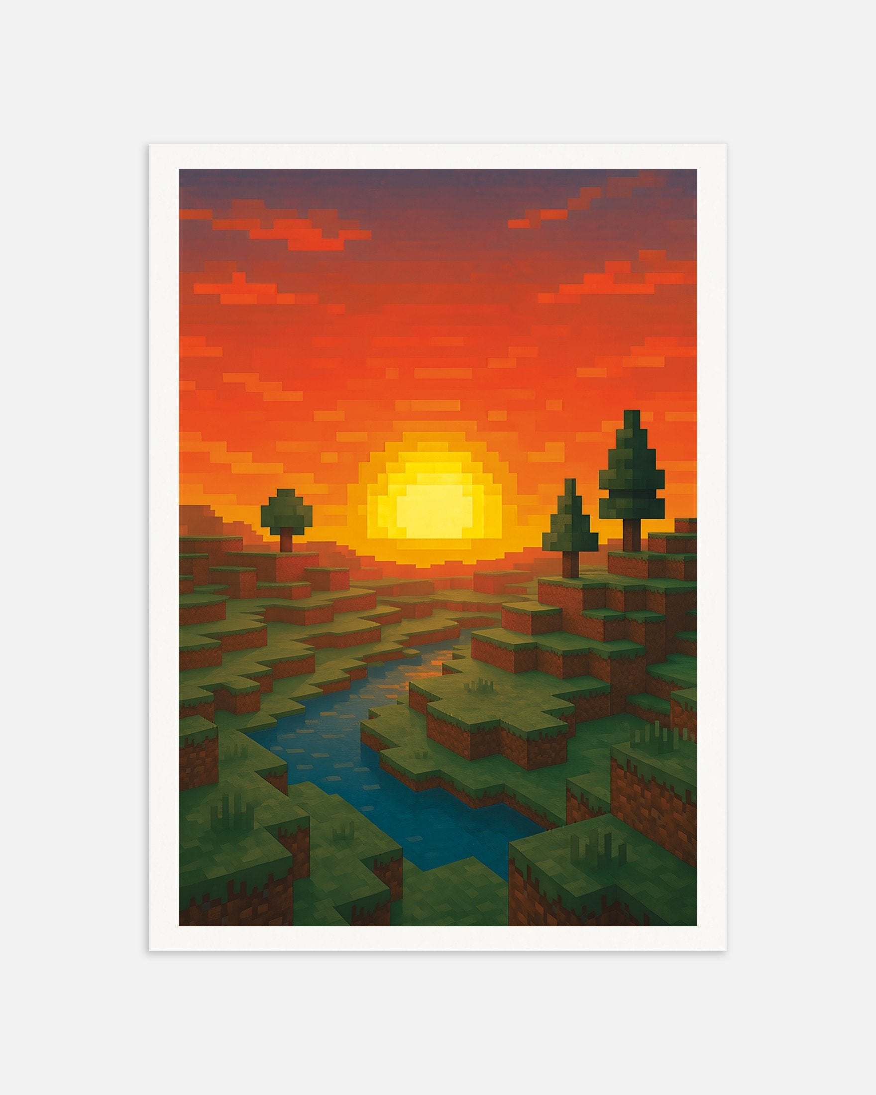 Poster of Minecraft Sunset – pixel art fan poster with river and trees, thumbnail