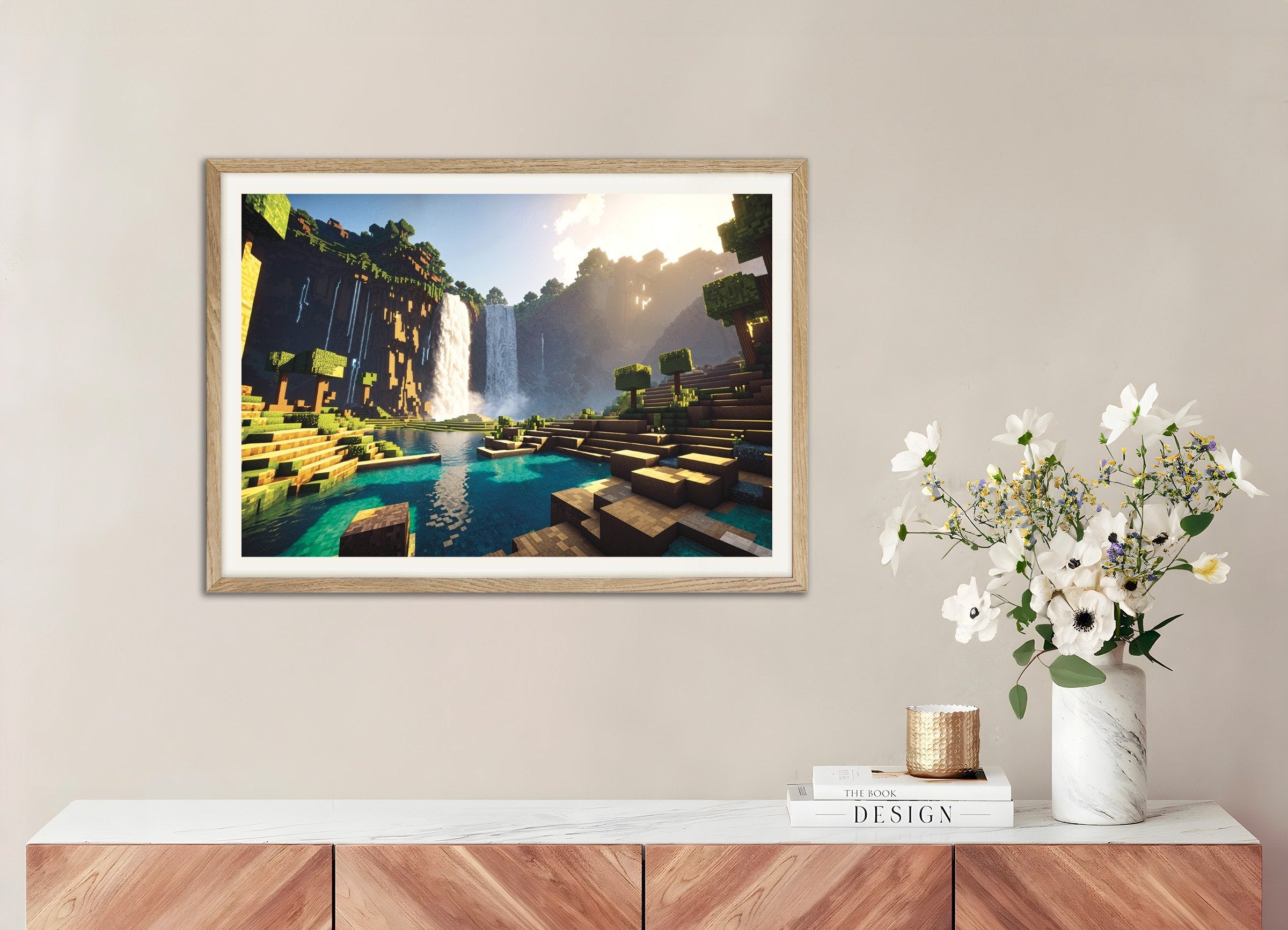Poster of Minecraft waterfall landscape print, with natural wooden frame